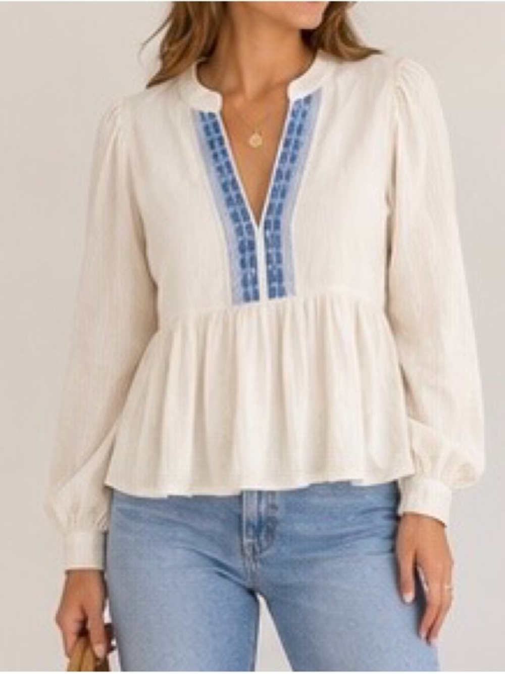 Banana Republic Embroidered Peplum Blouse Ivory Blue Size Small